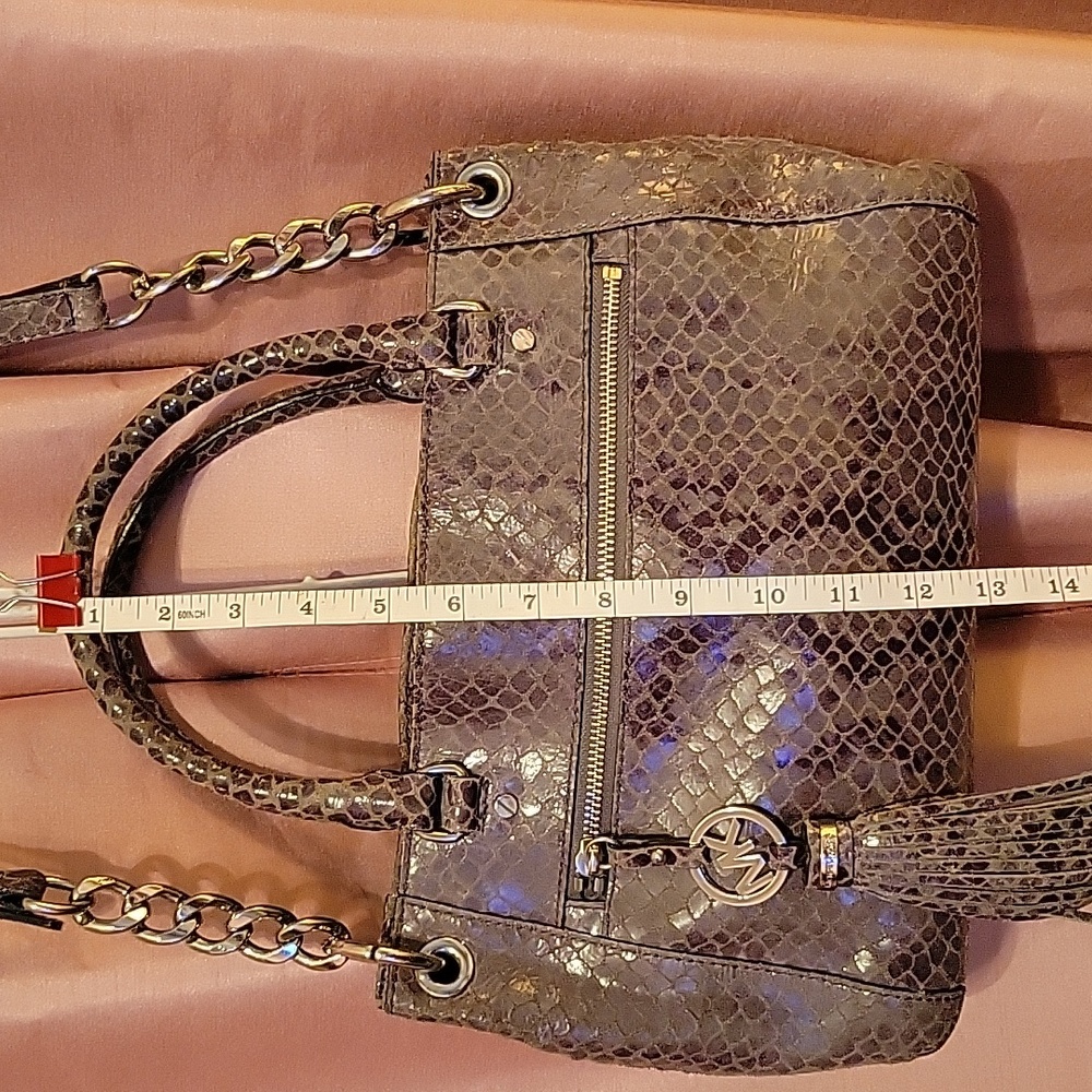 MICHAEL Michael Kors Metallic Gray Snake-Embossed Tote with Tassel And Wallet